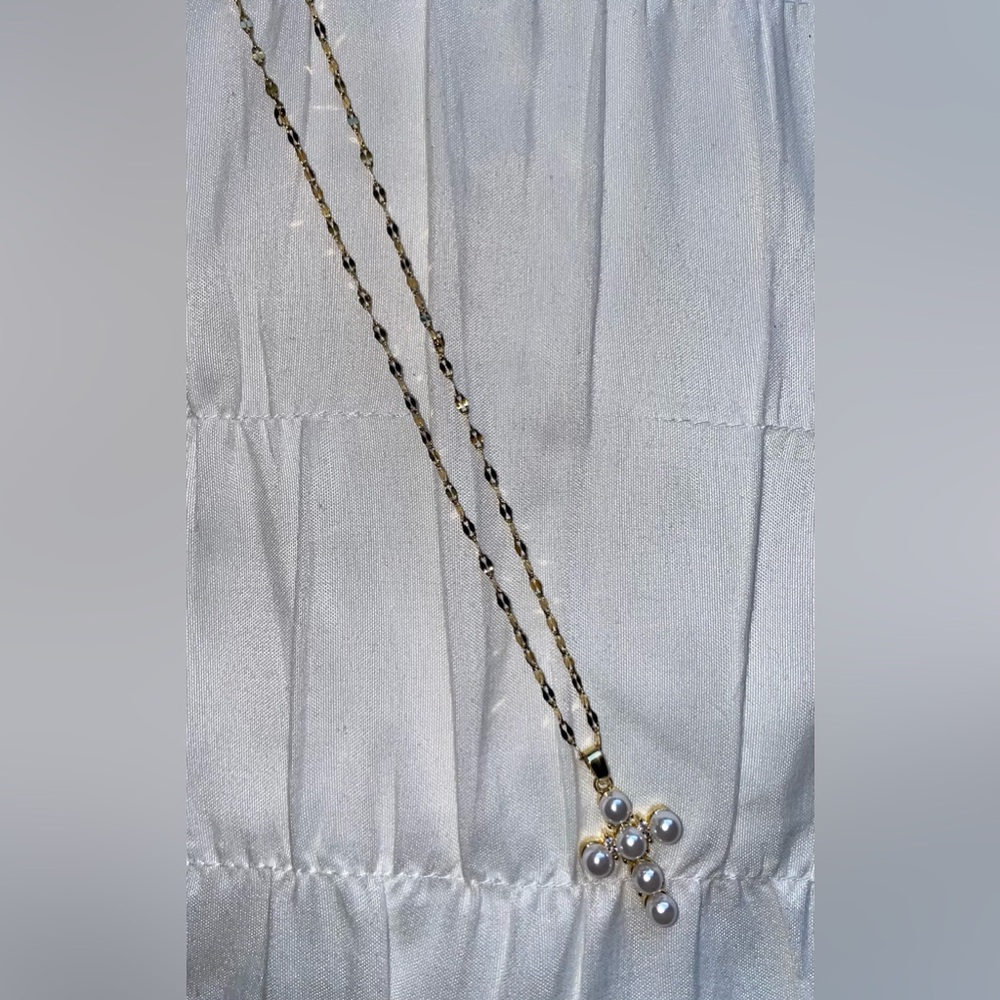 18K Gold-Plated Necklace with Pearls & Stone Cluster Cross Pendant